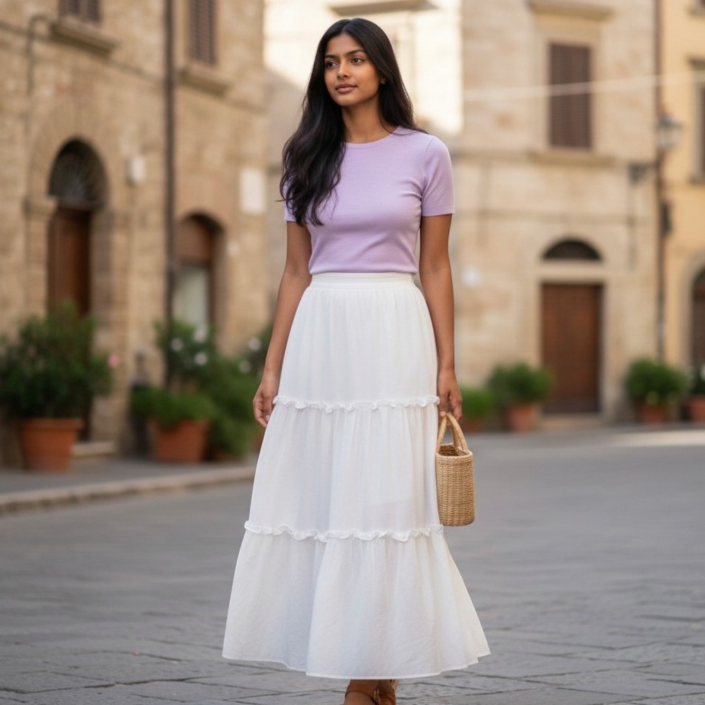 Fetish‎ by Eve Maxi Skirt Womens M White Tiered Ruffle Cotton Blend Boho Summer